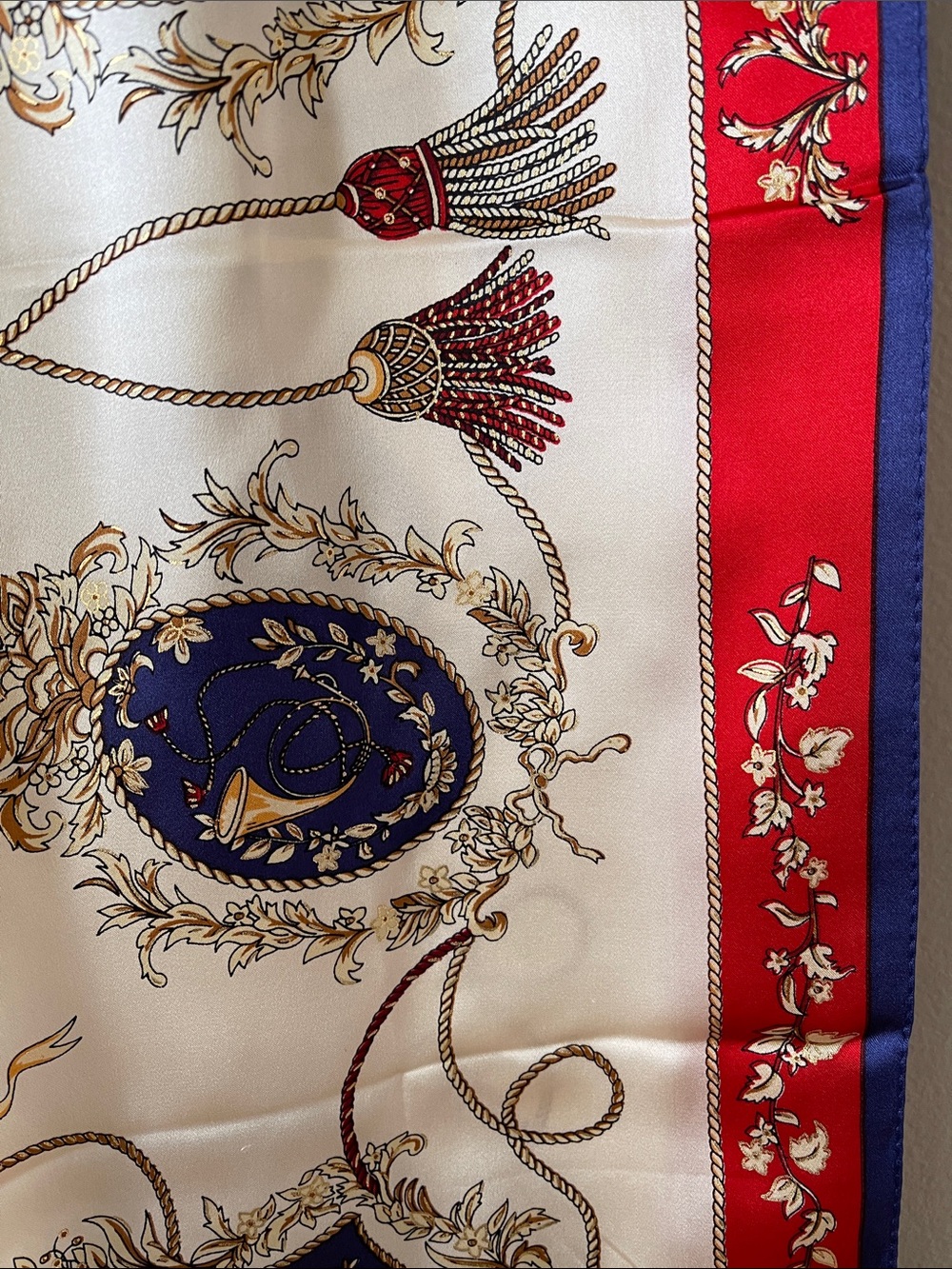 100% Italian Silk Cream Scarf with Blue Medallions & Red Border